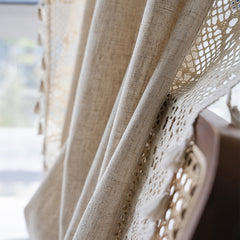 Boho Pure Linen Crochet Semi Blackout Curtain American Farmhouse Style
