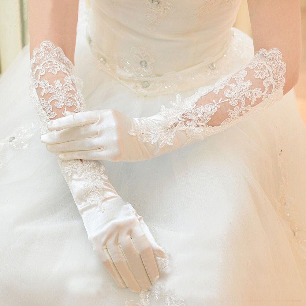 Satin & Lace Long Gloves for Women Formal Party Wedding Prom Gala