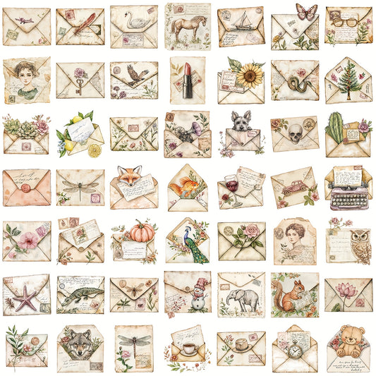 50pcs Vintage Envelope Stickers with Floral Animal Typewriter