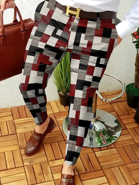 Slim Fit Plaid Slacks Men's Vintage Style Stretch Dress Pants
