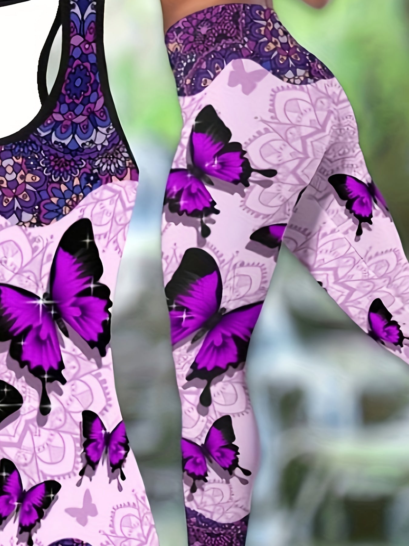  Butterfly Floral Print Tank Top & Leggings Set