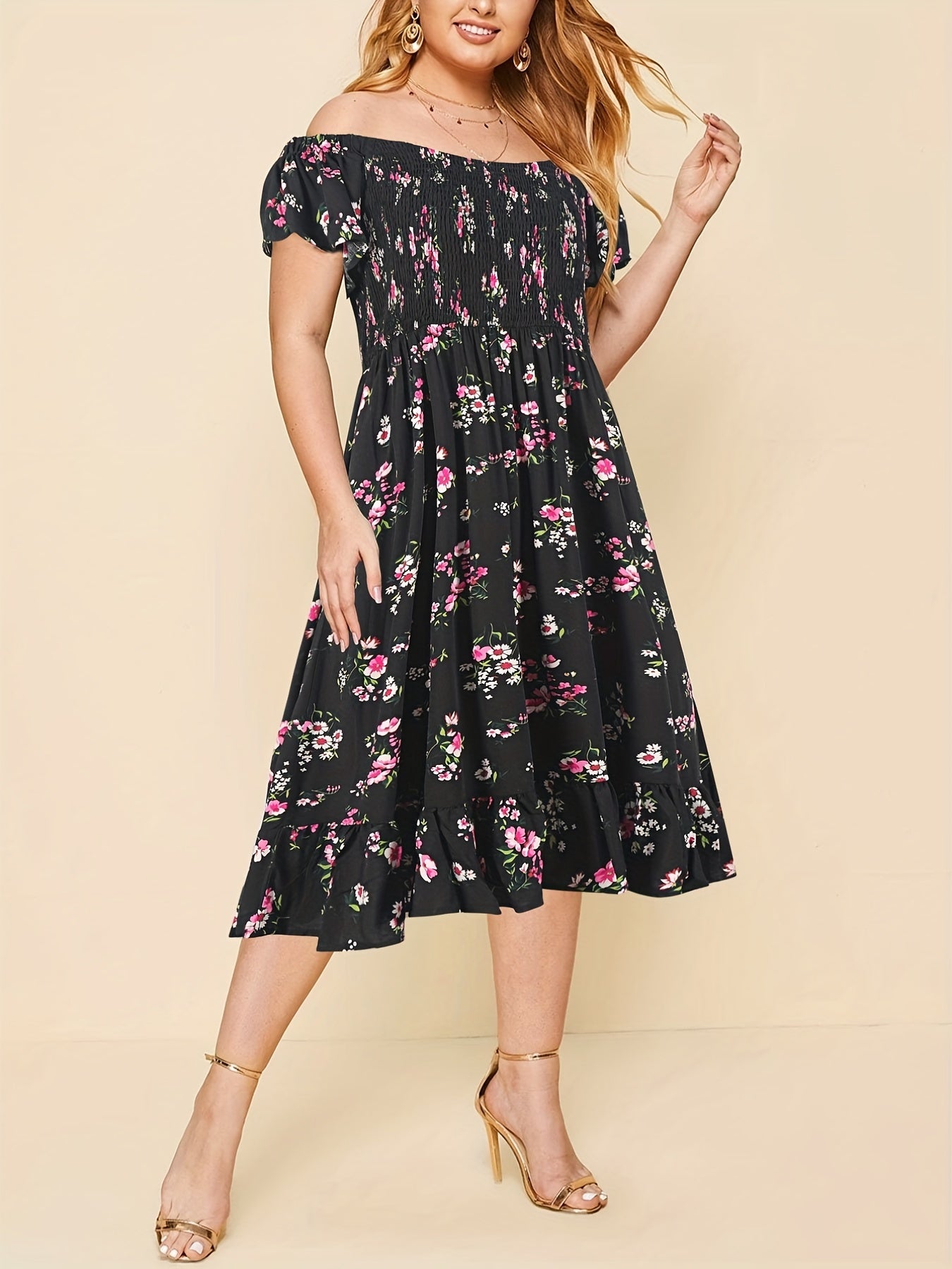 Floral Print Off Shoulder Ruffle Trim Midi Dress Plus Size