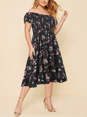 Floral Print Off Shoulder Ruffle Trim Midi Dress Plus Size