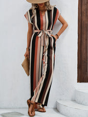 Striped Print Belted Jumpsuit Cap Sleeve For Spring & Summer