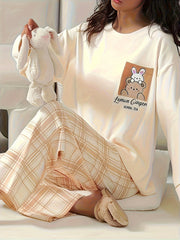 Cartoon Animal Print Pajama Set Long Sleeve Crew Neck Top & Plaid Pants