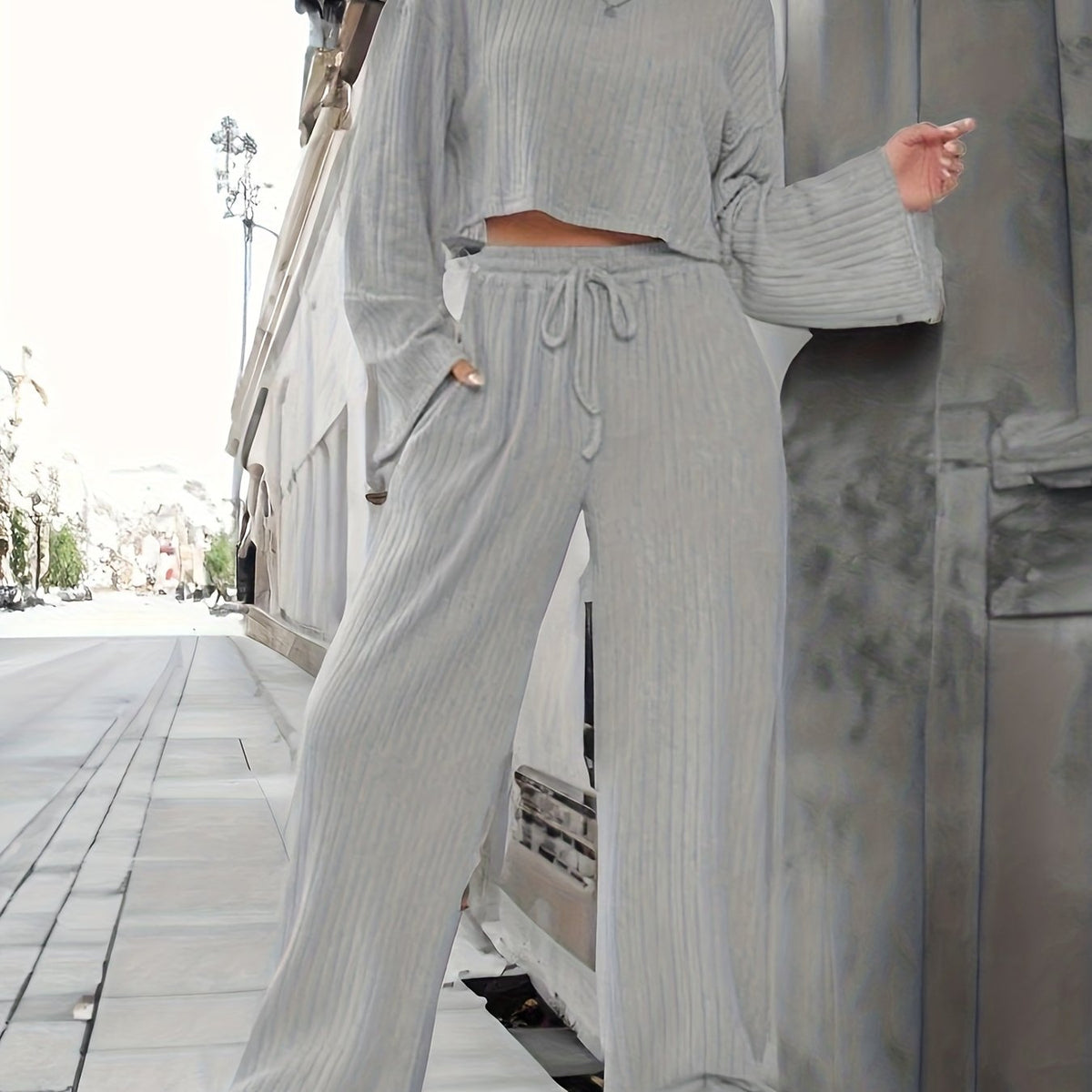  Solid Ribbed Long Sleeve Top & Wide Leg Pants Set