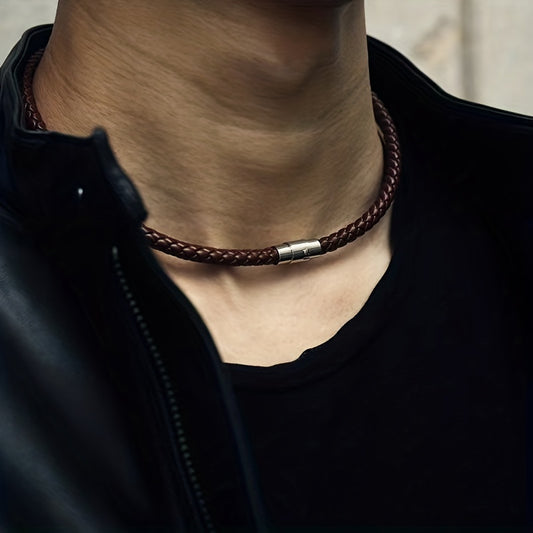 Braided Leather Cord Necklace with Magnet Clasp