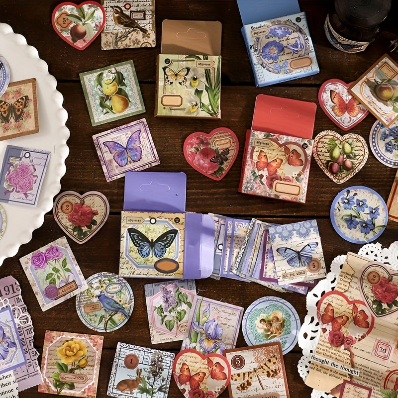 46pcs Vintage Butterfly Flower Decorative Stickers DIY Material Boxed Stickers