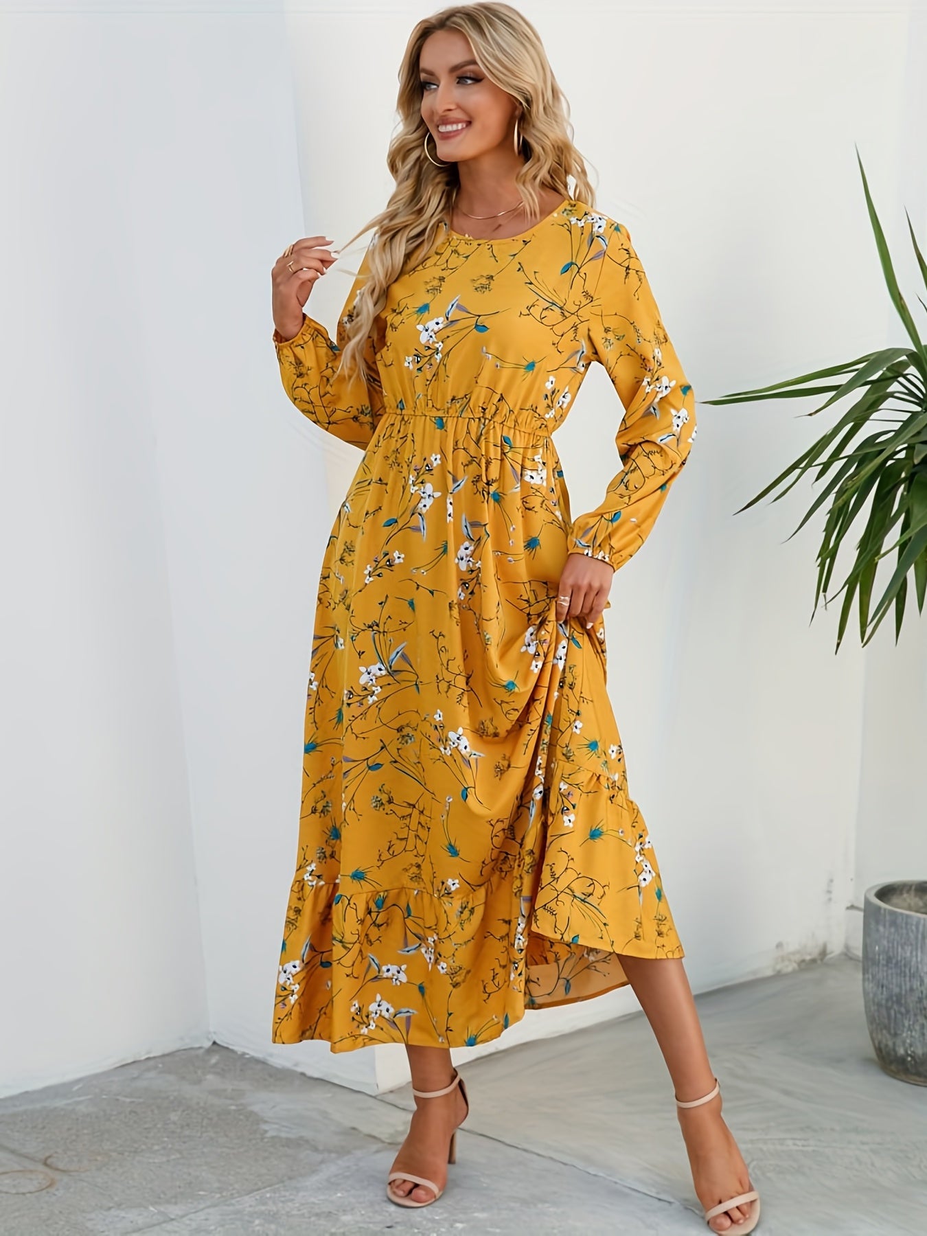 Floral Print Long Sleeve Tiered Dress Crew Neck