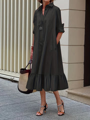  Solid Button Up Long Sleeve Ruffle Trim Midi Shirt Dress