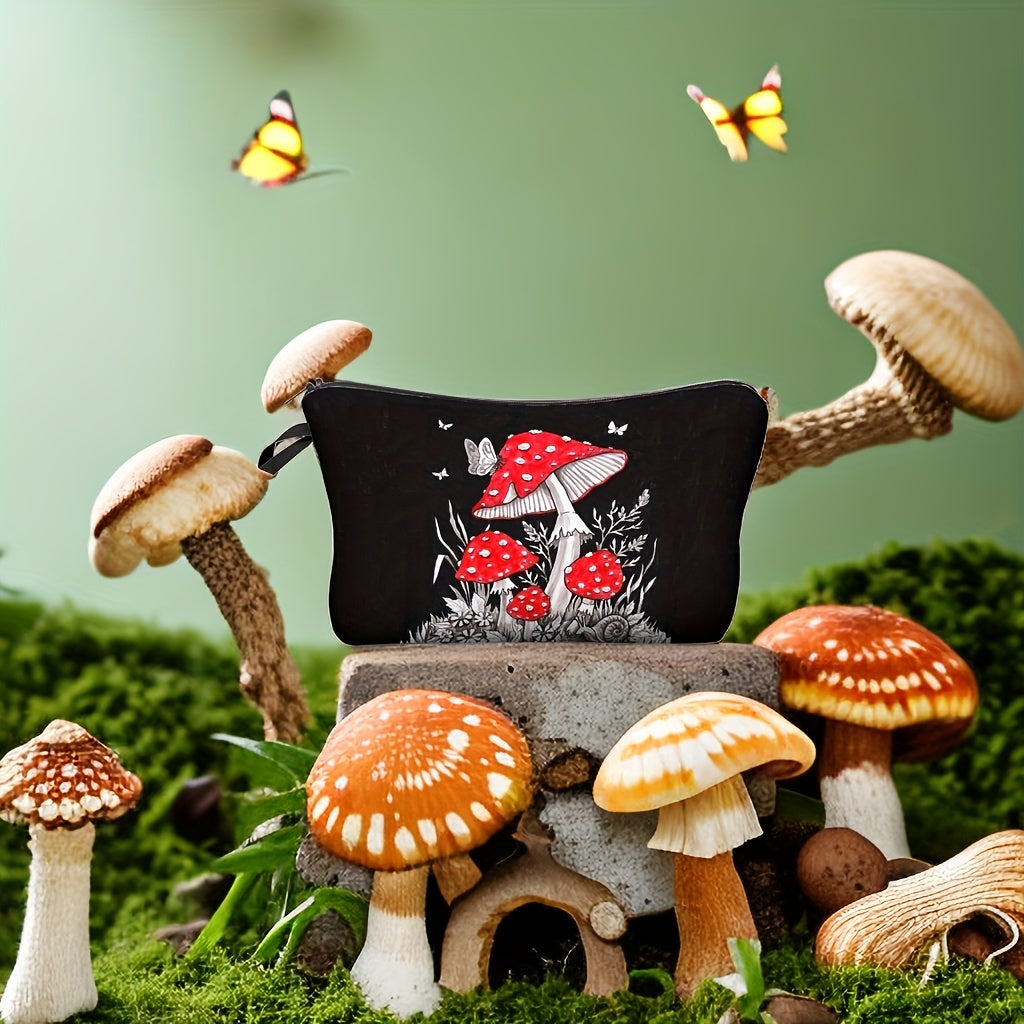 Small Moon Mushroom Print Makeup Bag for Women Waterproof Clutch Handbag