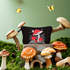 Small Moon Mushroom Print Makeup Bag for Women Waterproof Clutch Handbag