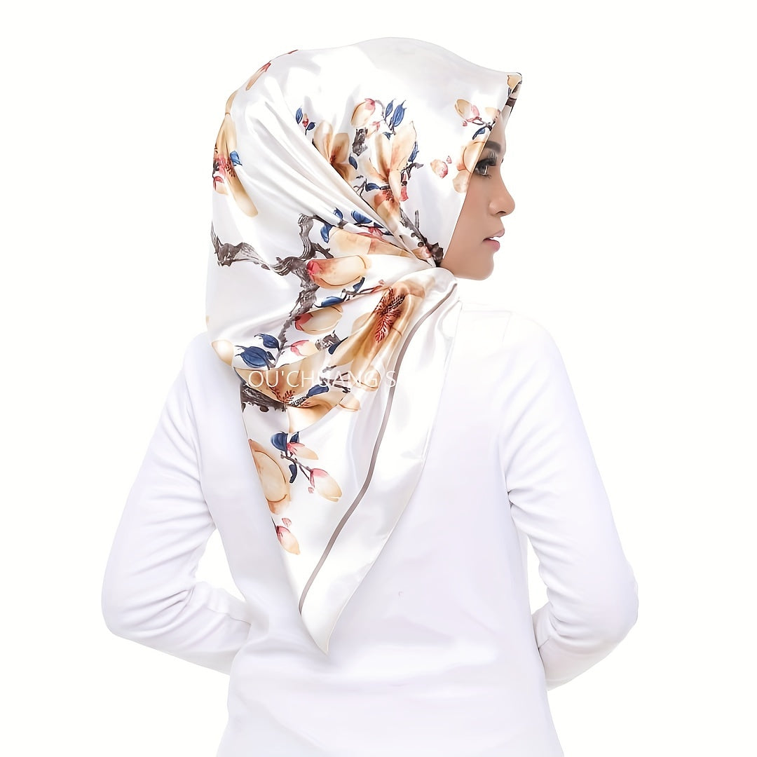 Flower Print Square Scarf Silk Shawl Sunscreen Head Wraps Hijab