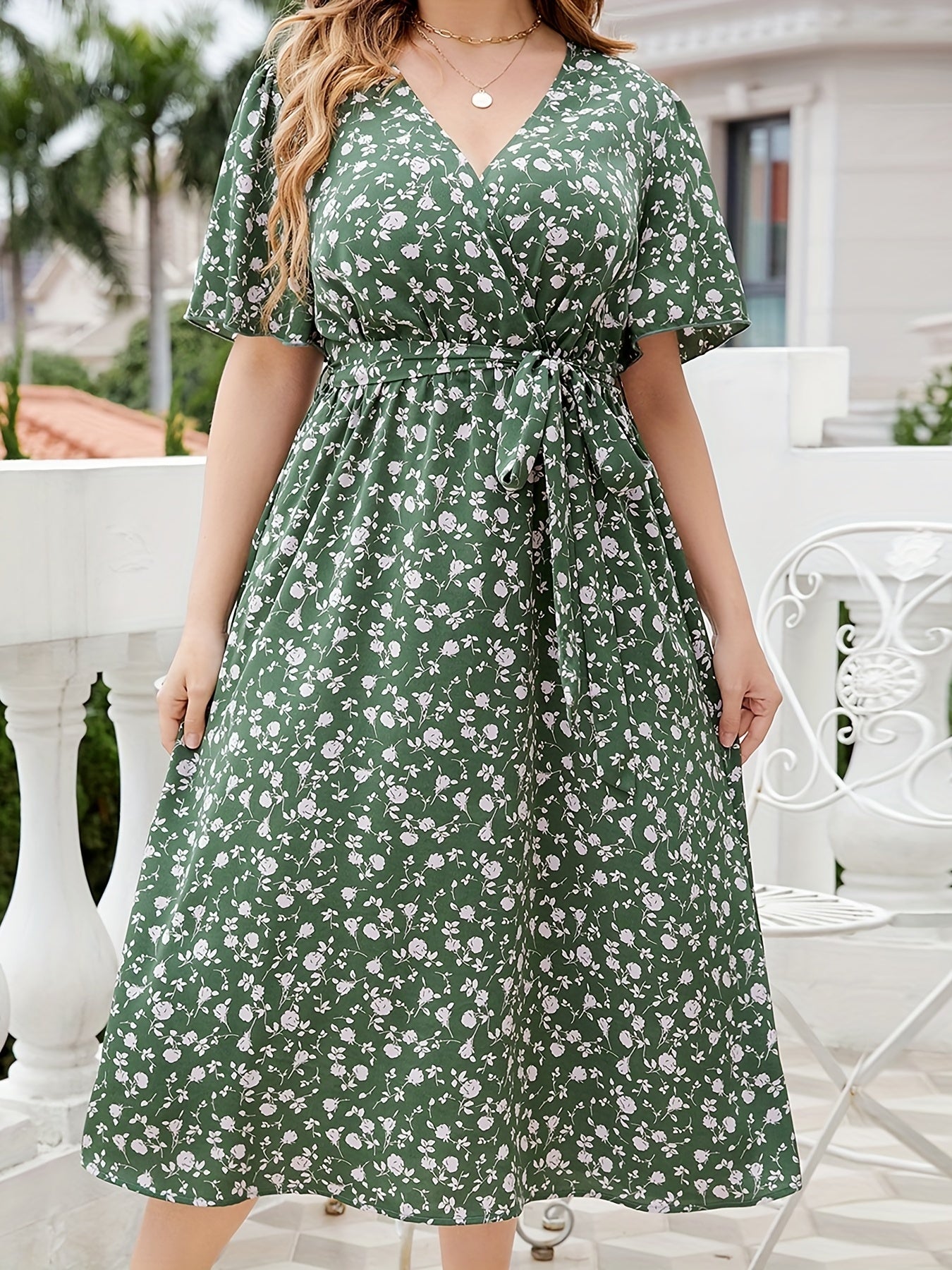 Plus Ditsy Print Short Sleeve Midi Dress