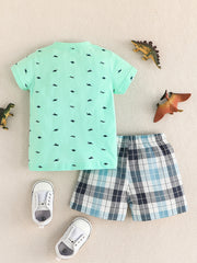Boys Dino Print T Shirt & Plaid Shorts Set for Summer
