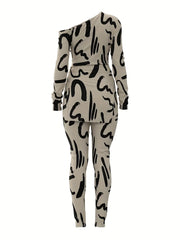 Graphic Print 2pc Set Asymmetrical Neck Split Top & Pants