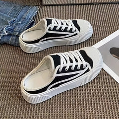 Women's Mule Sneakers Lace Up Canvas Shoes Platform Walking Shoes