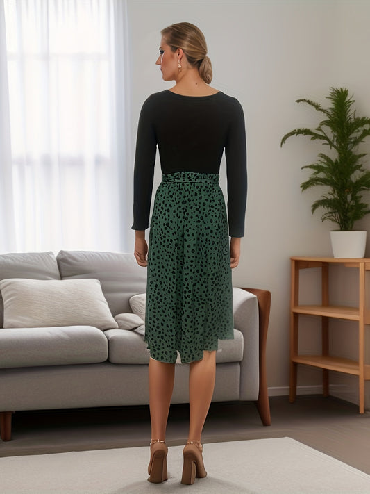 Casual Daily 2pc Set Crew Neck Long Sleeve Tops & Dalmatian Print Skirts