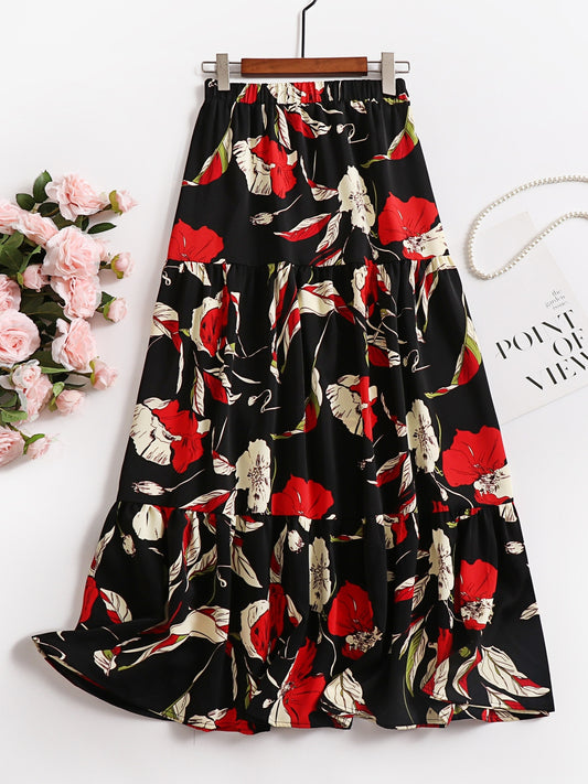  Maxi Floral Print A-Line Smock Skirt