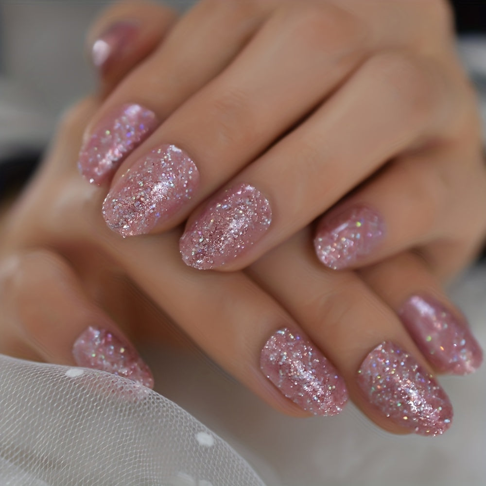 24pcs Pink Glitter Press On Nails Short Oval Full Cover Reusable False Nails