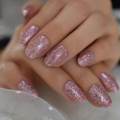 24pcs Pink Glitter Press On Nails Short Oval Full Cover Reusable False Nails