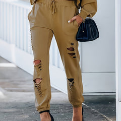  Solid Ripped Drawstring Waist Joggers With Pockets