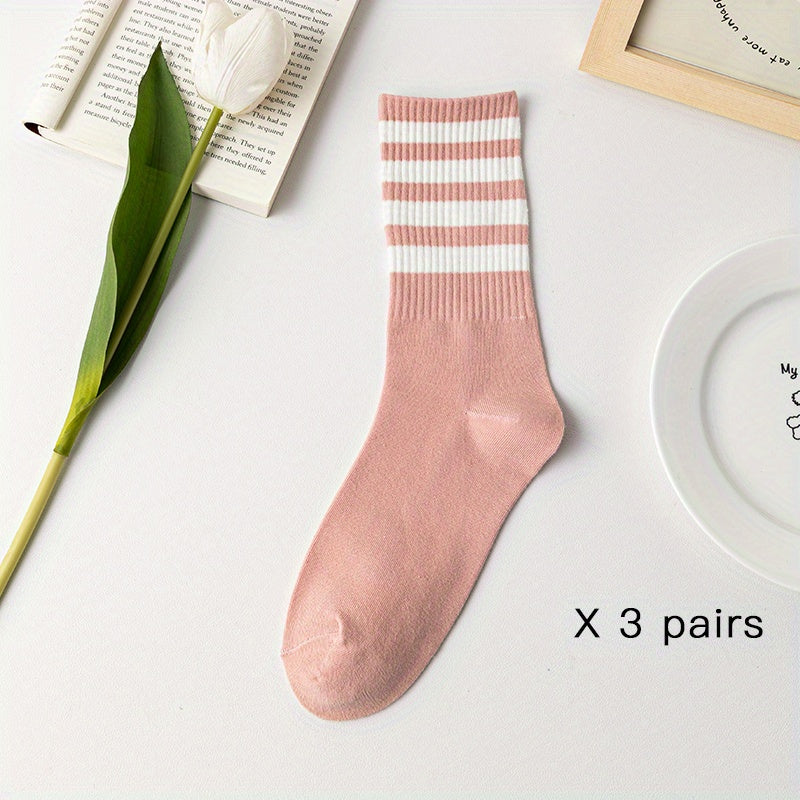 3 Pairs Letter Striped Socks Comfy & Breathable Women's Stockings