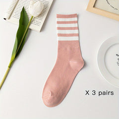 3 Pairs Letter Striped Socks Comfy & Breathable Women's Stockings