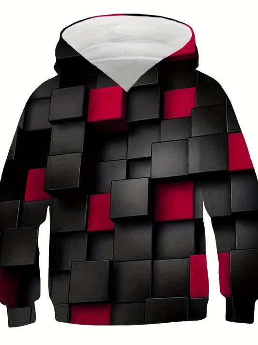 3D Red Blocks Print Kid's Hoodie Unisex Pullover for Spring Fall Winter