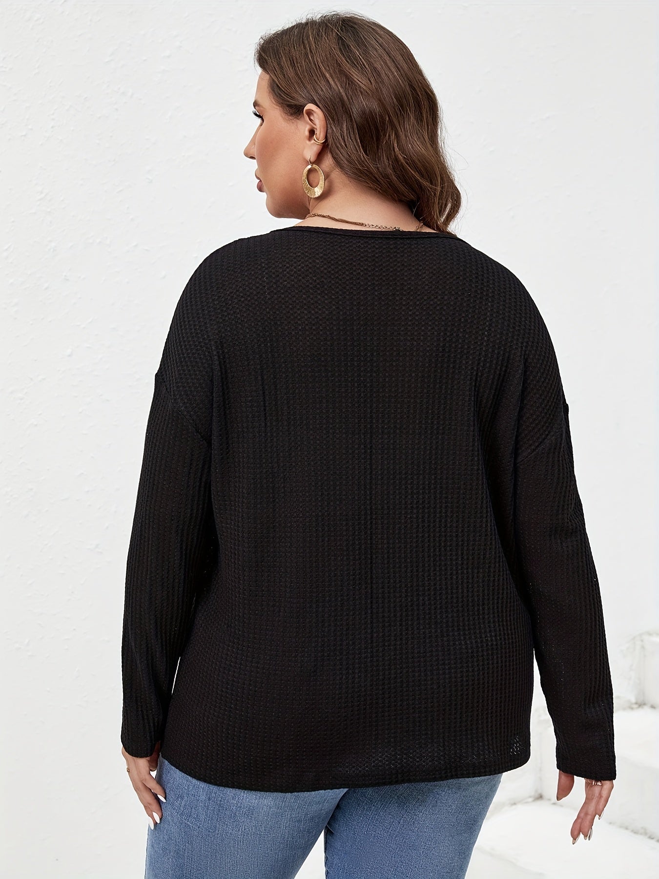  Long Sleeve Button Front Waffle Knit Tee