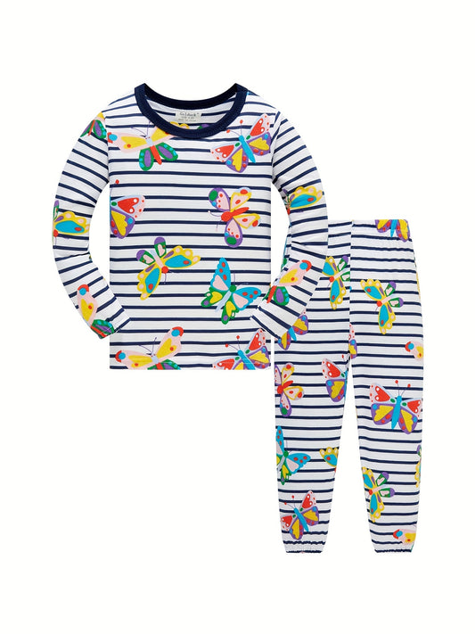 Girls Stripe Butterfly Print Pajamas Set
