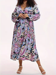  Boho Dress Paisley Print Lantern Sleeve Maxi Dress