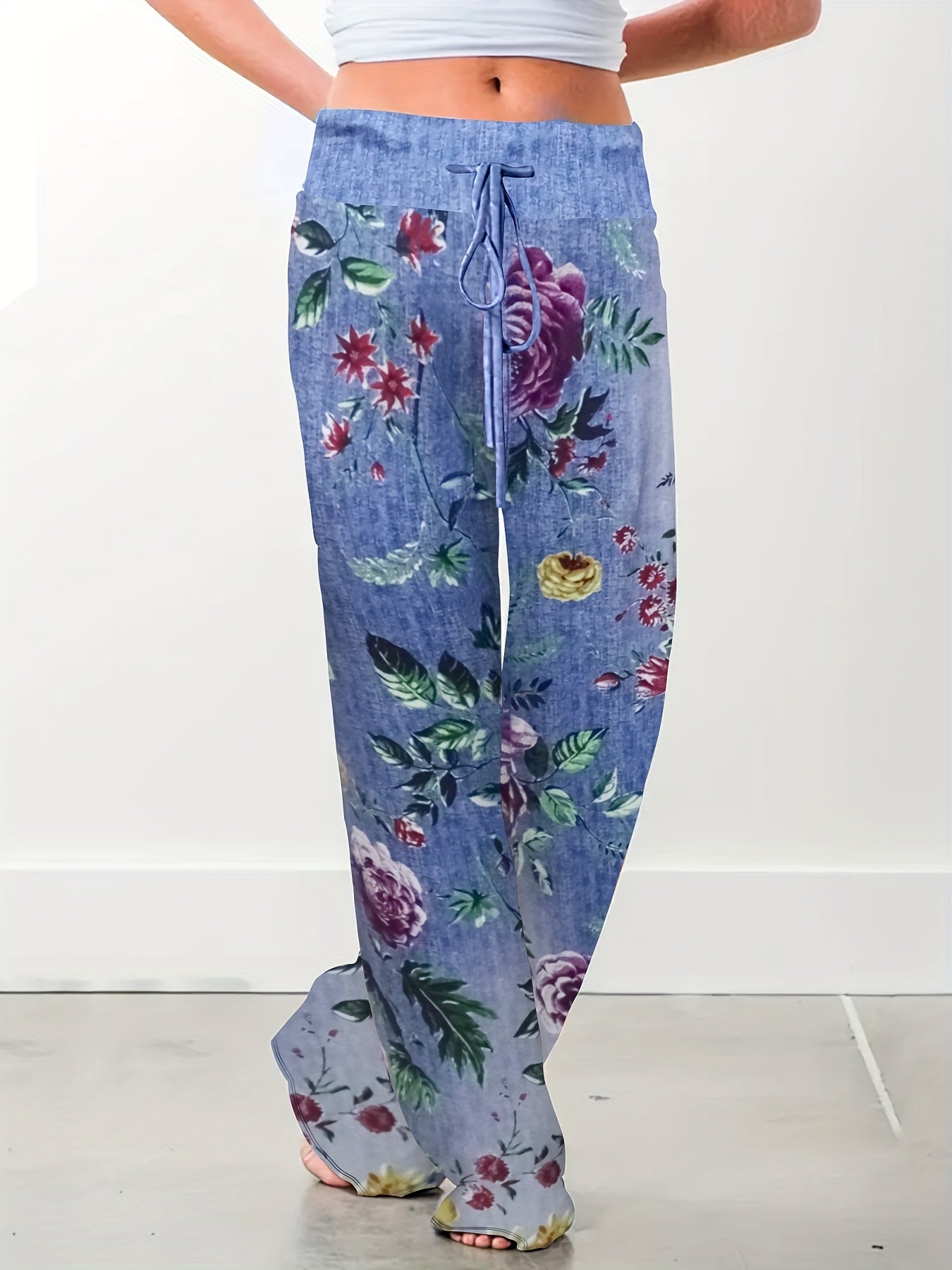Floral Print Drawstring Wide Leg Pants