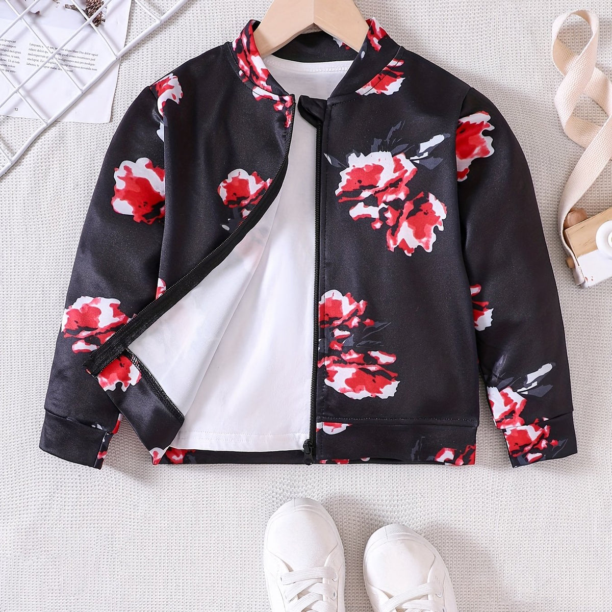 Girls' Floral Print Long Sleeve Jacket Top, Zipper Up