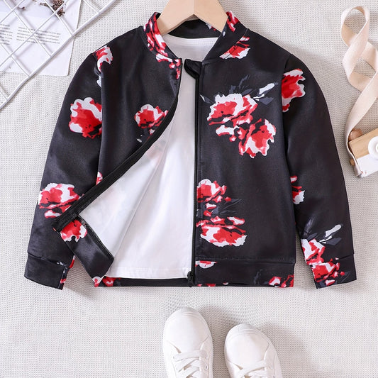 Girls' Floral Print Long Sleeve Jacket Top, Zipper Up