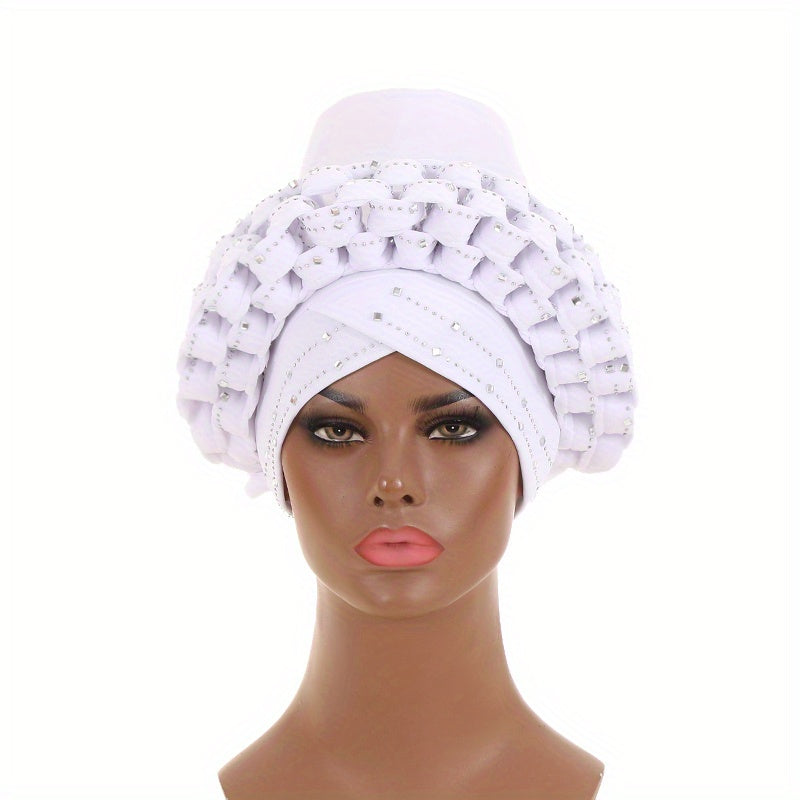Rhinestone Decor Big Turban Cap Braided Elastic Head Wrap