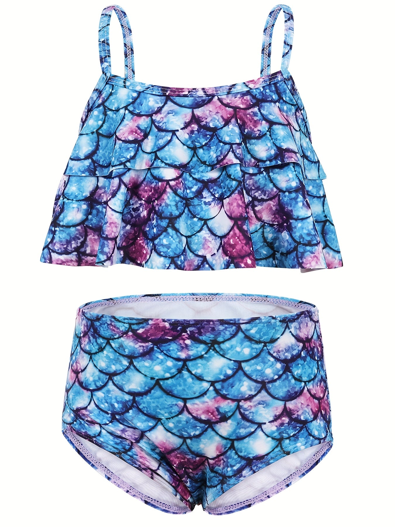 2pcs Toddler Girls Ruffle Trim Fish Scales Top Bikini Swimsuit