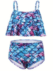 2pcs Toddler Girls Ruffle Trim Fish Scales Top Bikini Swimsuit