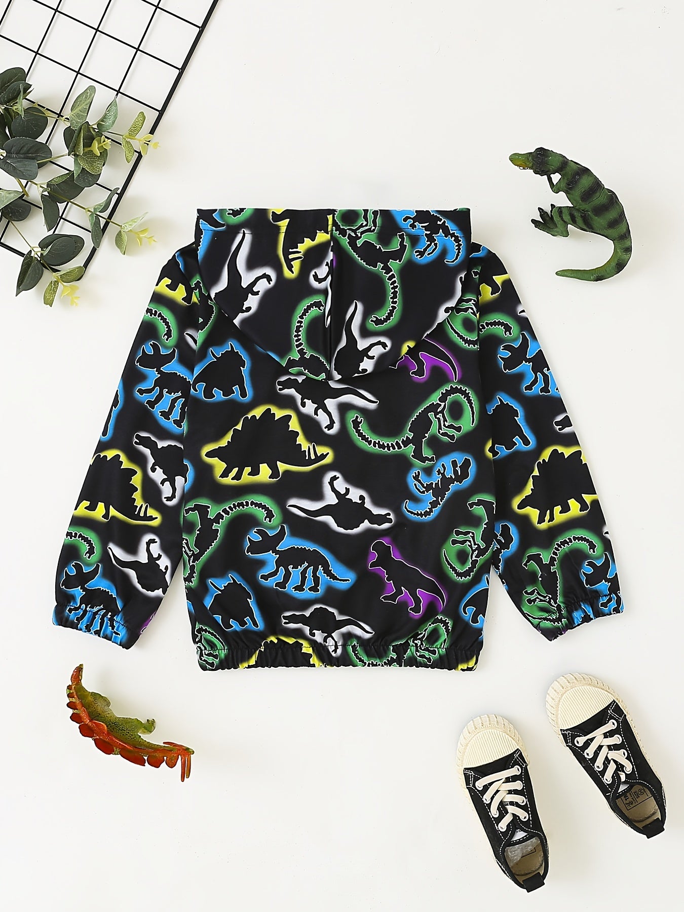 Boys Dinosaur Print Windbreaker Hooded Jacket Long Sleeve Zip Up