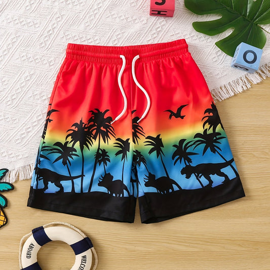 Boys Swim Trunks Coconut Trees Dinosaur Print Elastic Waist Drawstring