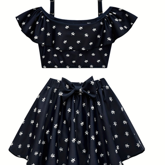 Girl's Floral Pattern Bikini Set Ruffle Decor Swimsuit Cami Top & Briefs
