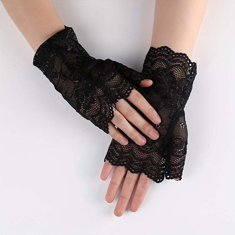 Lace Fingerless Gloves Women Half Finger Cycling Sunscreen Solid Gloves