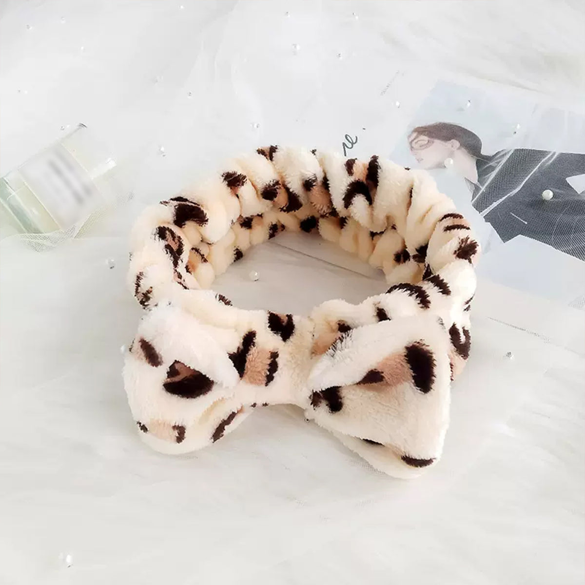 Leopard Bow Headband Elastic Hair Wrap Coral Fleece Spa Headband