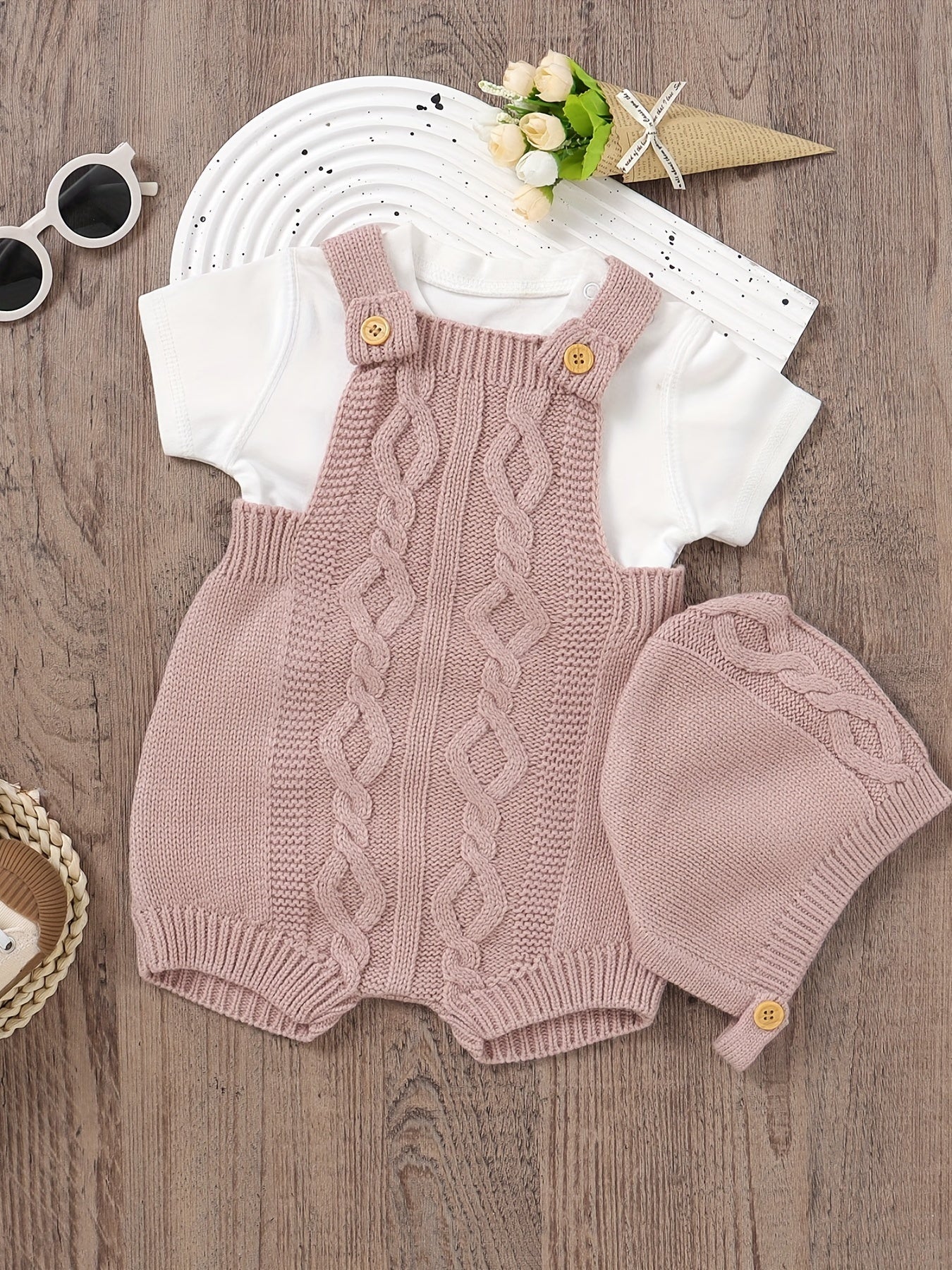 Unisex Baby Knit Sweater Romper Overalls & Hat Set