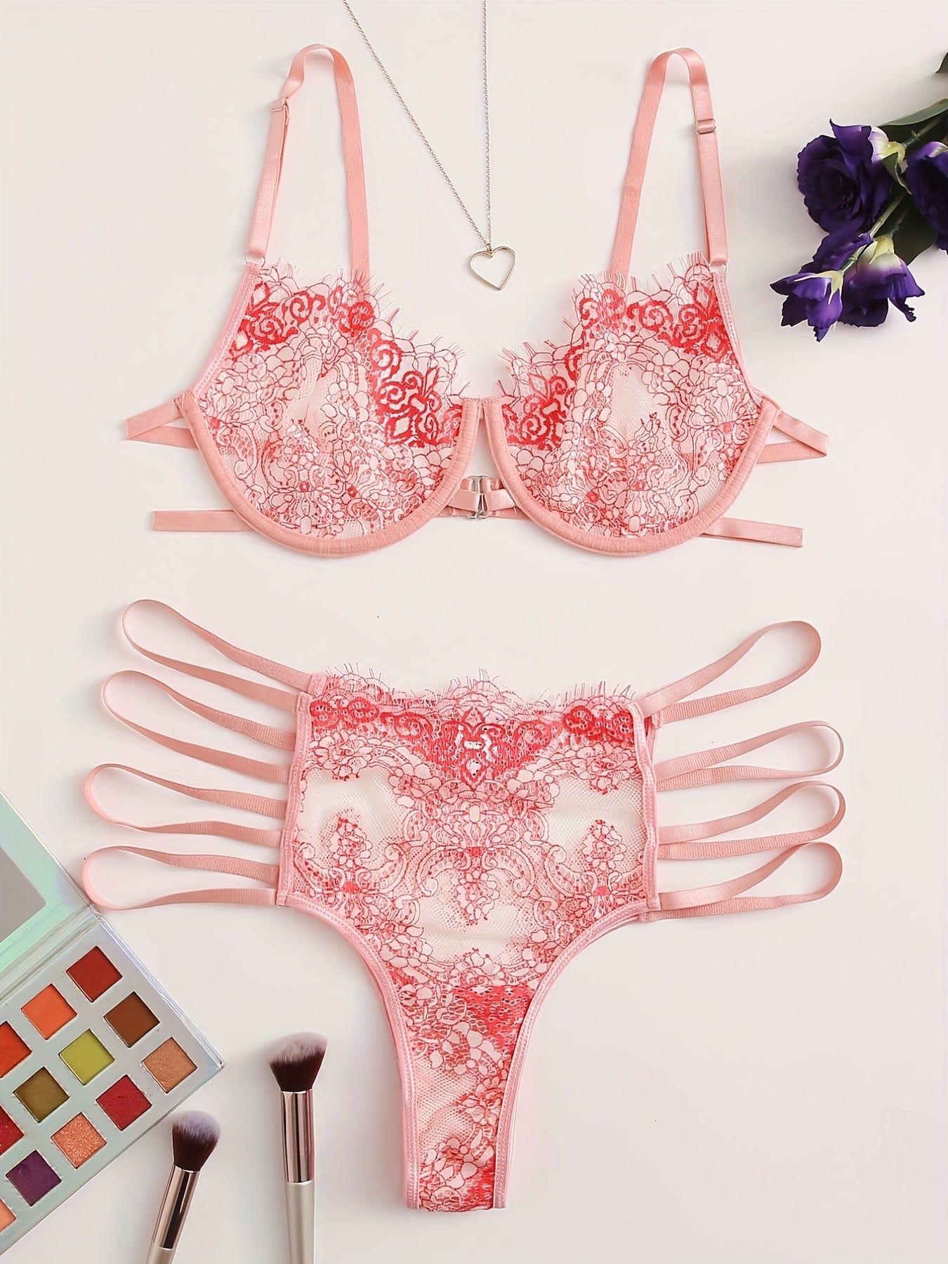  Floral Lace Cut Out Strappy Bra & Panty Lingerie Set