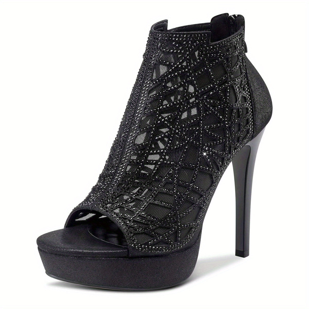Crystal Decor Stiletto Platform Peep Toe Party Shoes