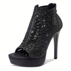 Crystal Decor Stiletto Platform Peep Toe Party Shoes