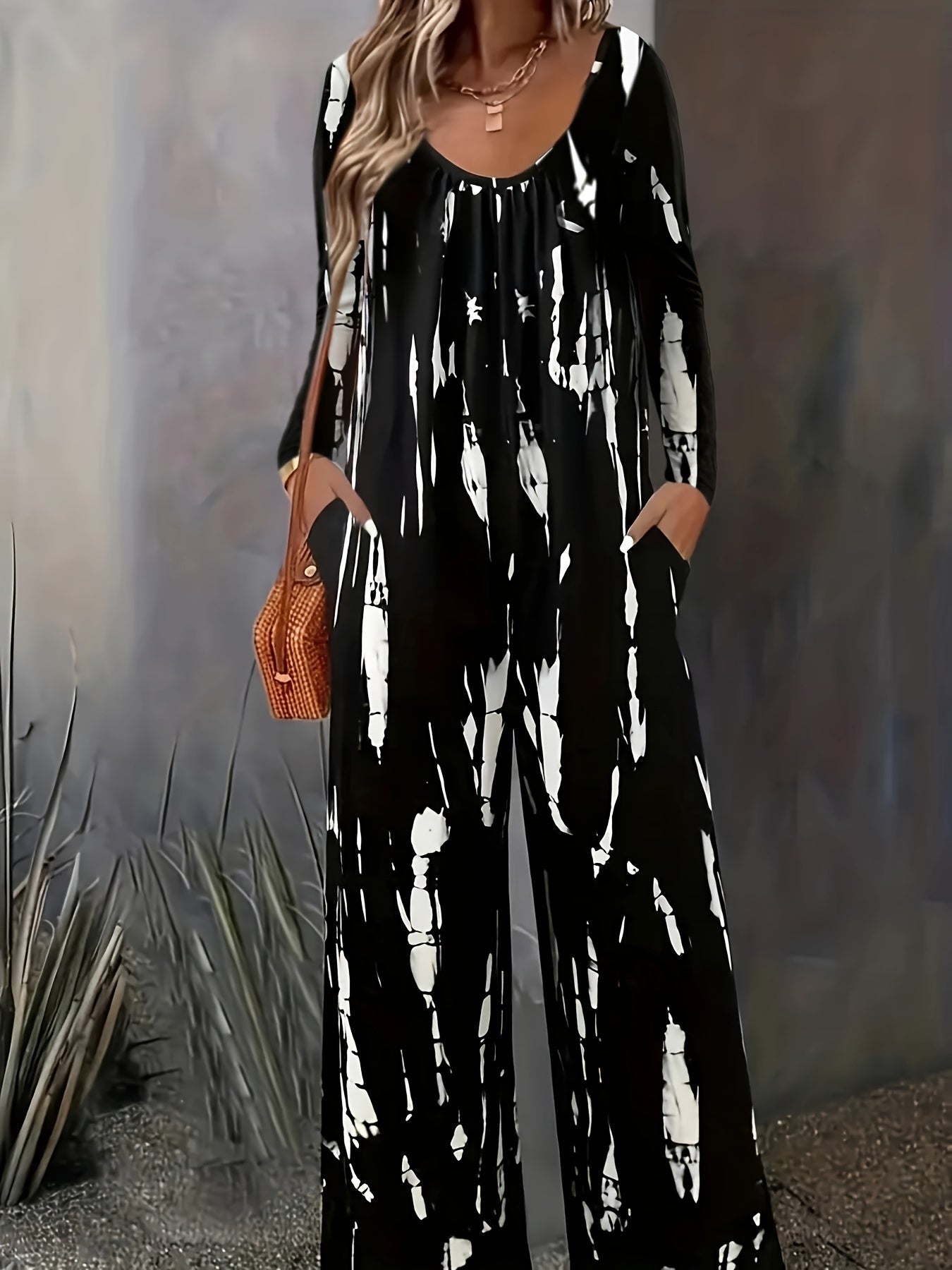  Tie Dye Long Sleeve Round Neck Jumpsuit