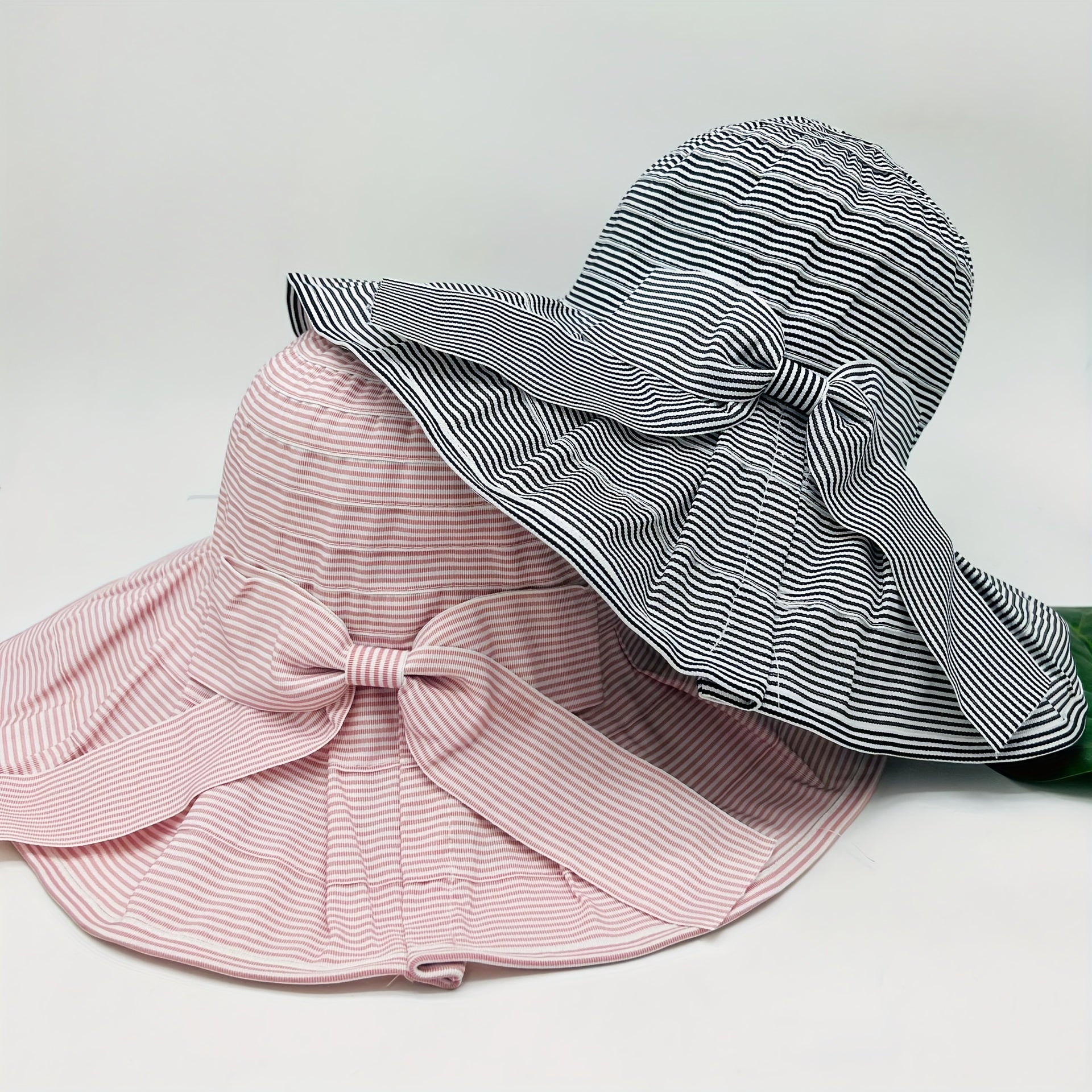 Striped Bucket Hat Wide Brim Bowknot Decor UV Protection Travel Beach Hat