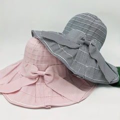 Striped Bucket Hat Wide Brim Bowknot Decor UV Protection Travel Beach Hat